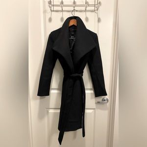 Black Woven Duster Coat Women’s Mid Length with Wide Lapels  and a Tie Sash Belt